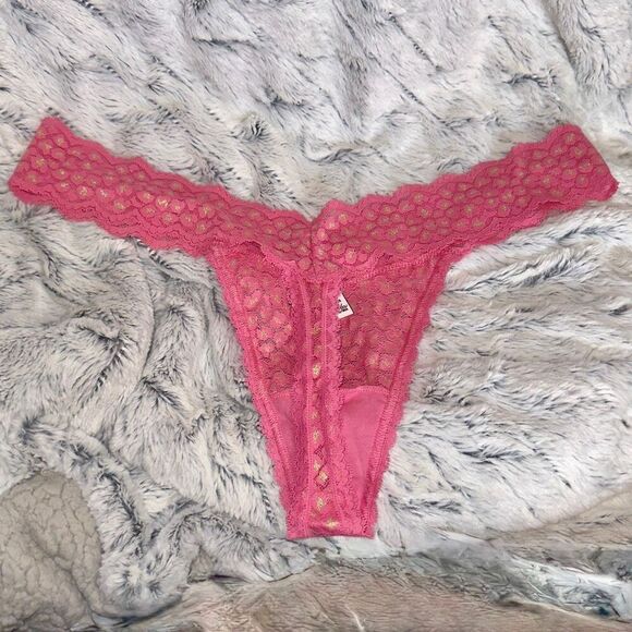 NWT (XXL) Victoria’s Secret The Lacie Sparkly Animal Lace Thong Panty Gold/Pink - Picture 8 of 10